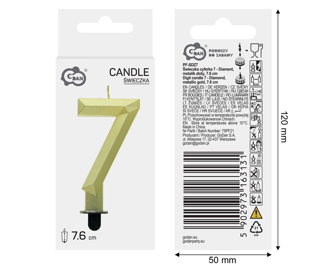 Digit candle 7 - Diamond , metallic gold, 7.6 cm